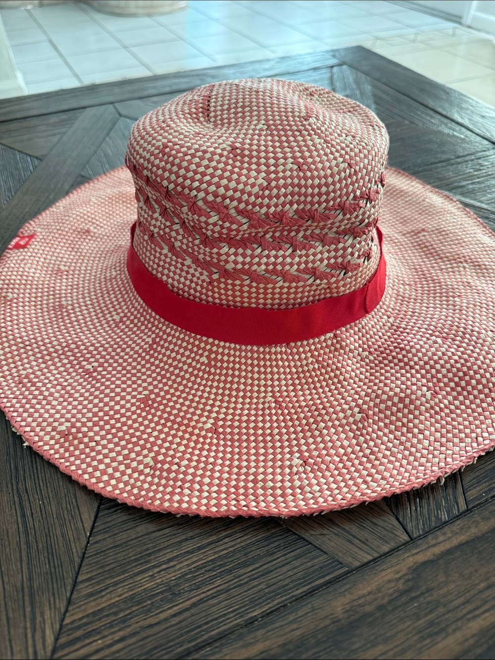 Roxy Raffia Cloche Hat Red Band Woven Floppy Sun Hat Boho Beach Style - Picture 3 of 5
